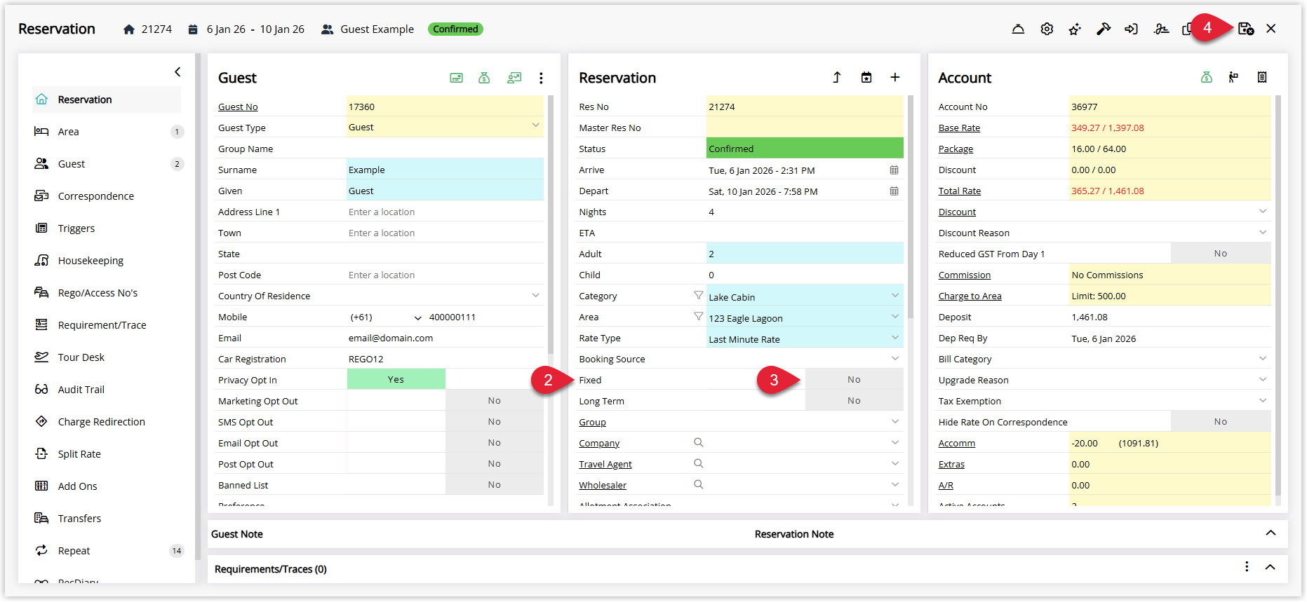 Screenshot of the Booking Chart in RMS showing a reservation marked as Fixed, indicated by a pin icon on the booking bar to show the area is fixed for that reservation.