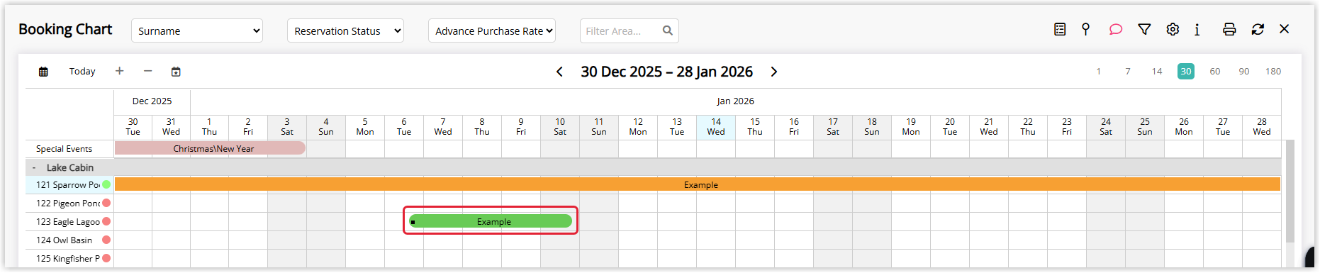 Screenshot of the Reservation screen in RMS showing the Fixed field set to Yes, indicating the reservation is fixed to the currently allocated area.