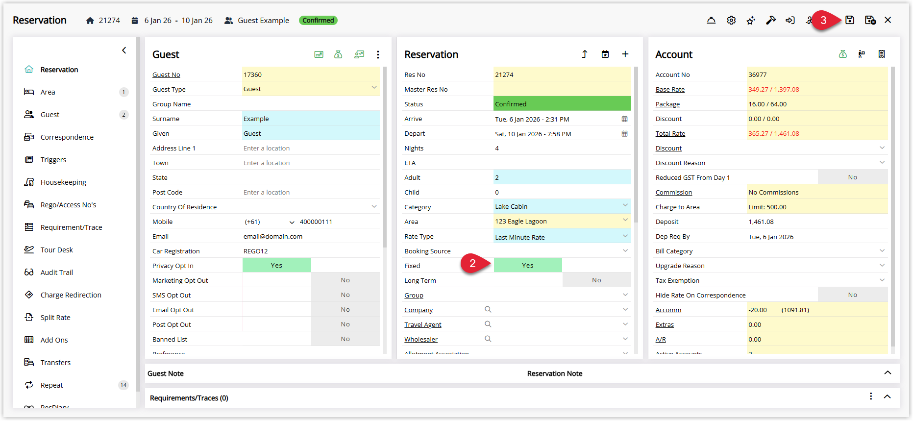 Screenshot of the Reservation screen in RMS showing the Fixed field set to No, allowing the reservation to be moved to a different area on the Booking Chart.