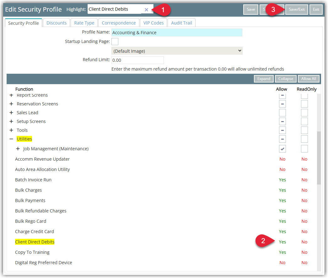 Security Profile edit screen showing Direct Debit-related profile functions with Yes, No and Read Only options and a Save/Exit button