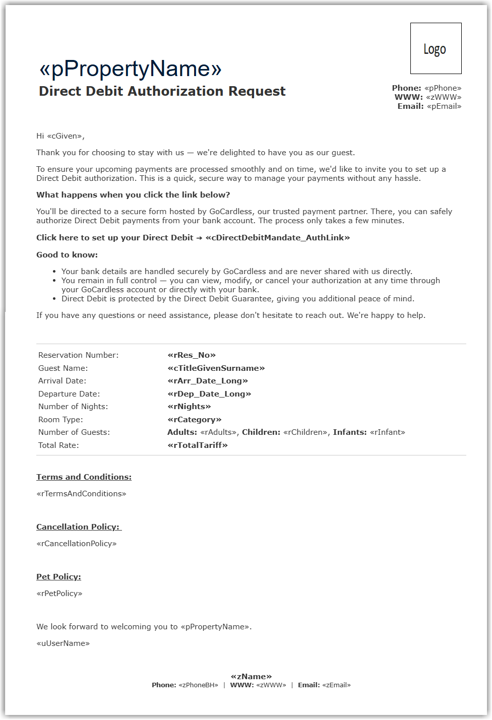 Example Direct Debit authorisation form letter template showing merge fields and formatting for the mandate request.