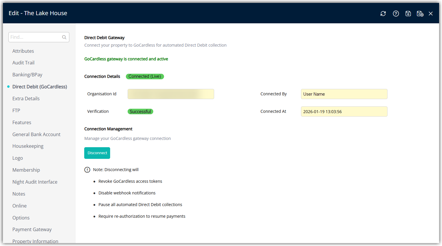 Property Information screen showing Direct Debit (GoCardless) status message "GoCardless gateway is connected and active" with Save/Exit button