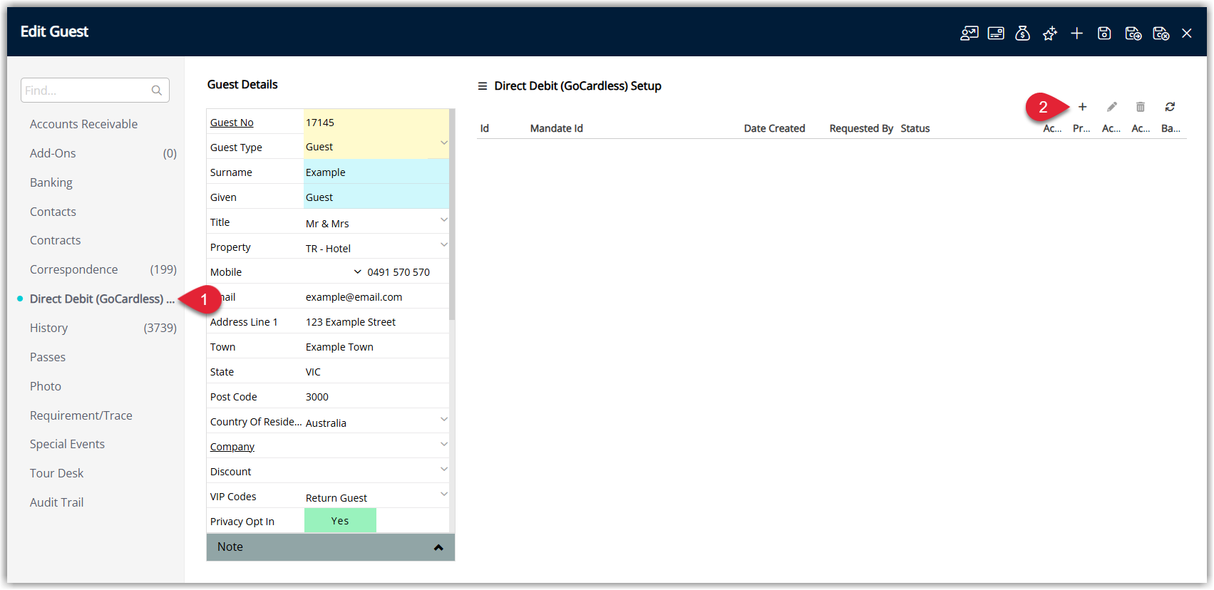 Guest Profile screen on the Direct Debit (GoCardless) tab showing an empty mandate list and an Add (+) icon to create a new mandate request
