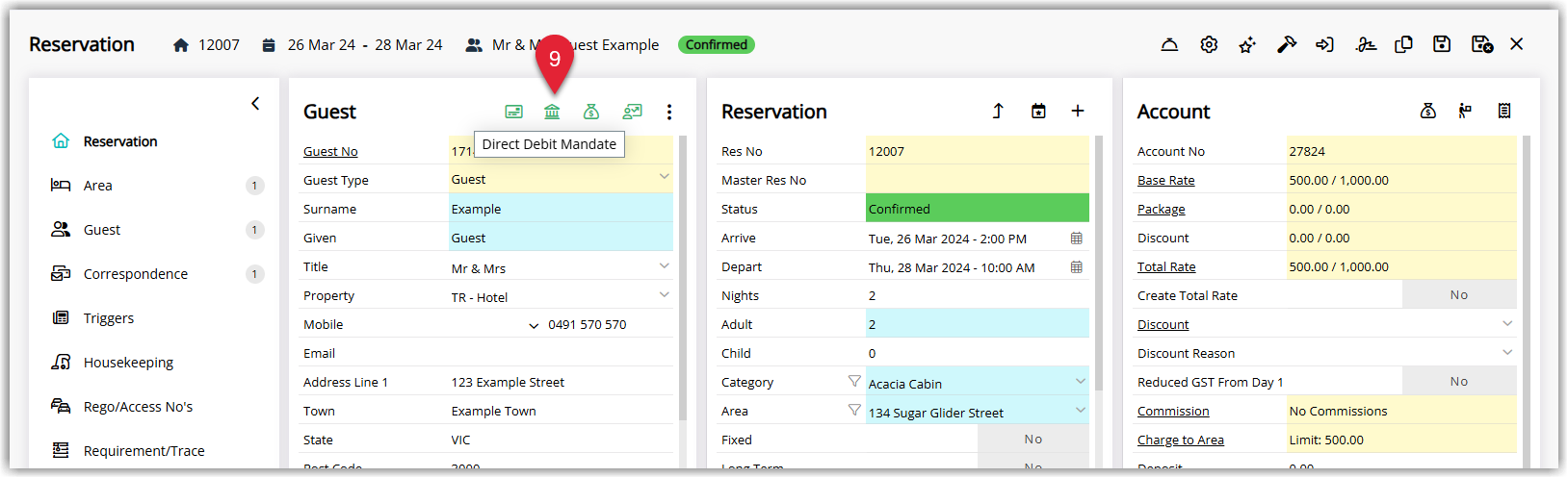 Reservation and Guest Profile header displaying a Direct Debit mandate indicator icon showing green for active or grey when no mandate is available