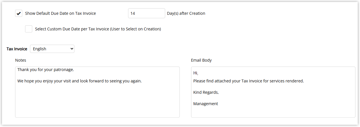 Tax Invoice tab in RMS Accounting Options showing Custom Invoice settings, including fields to assign up to five alternate Tax Invoice layouts to the property and options related to Default Due Date, Custom Due Date, Notes and Email Body for invoices.