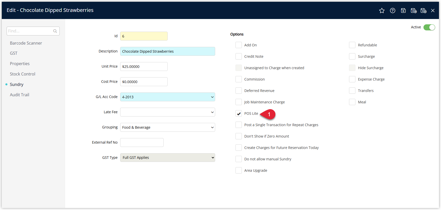 Sundry Charge setup screen showing a sundry item flagged for POS Lite with optional barcode and stock control settings