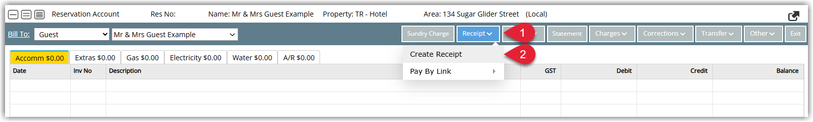 Reservation Account screen with the Receipts section open and a Create Receipt option selected