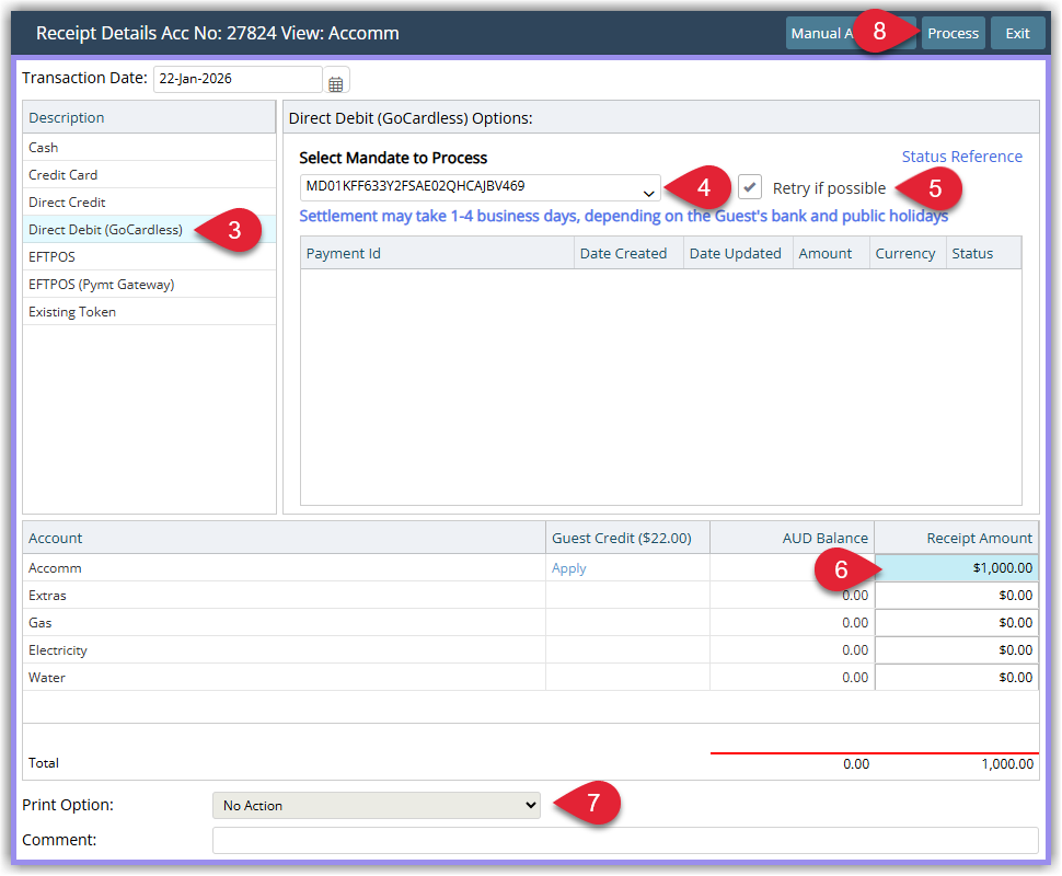 Create Receipt window with payment type Direct Debit (GoCardless) selected, showing mandate selection, Retry if possible option, receipt amount and Process button