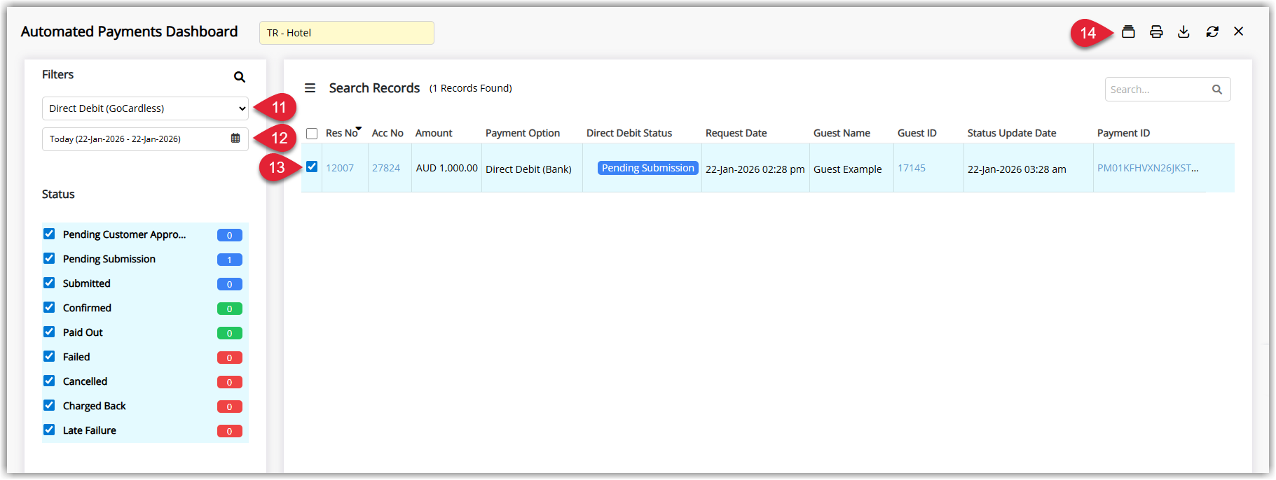 Automated Payments Dashboard filtered to Direct Debit (GoCardless) showing a list of Direct Debit payment requests with date range filters and Batch Process options