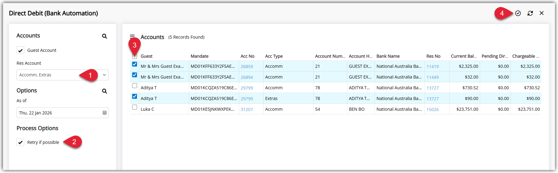Direct Debit (Bank Automation) dashboard showing reservation accounts with outstanding balances and valid mandates, Retry if possible option and a Process button to send bulk payment requests