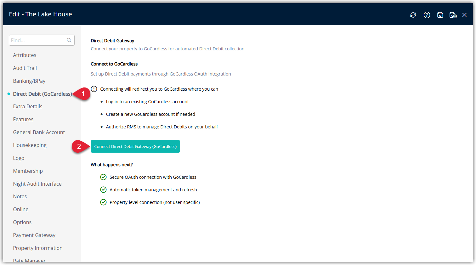 Screenshot of the Property Information edit window in RMS with the Direct Debit (GoCardless) section visible, showing a Connect Direct Debit Gateway (GoCardless) button that initiates the connection to the GoCardless portal.
