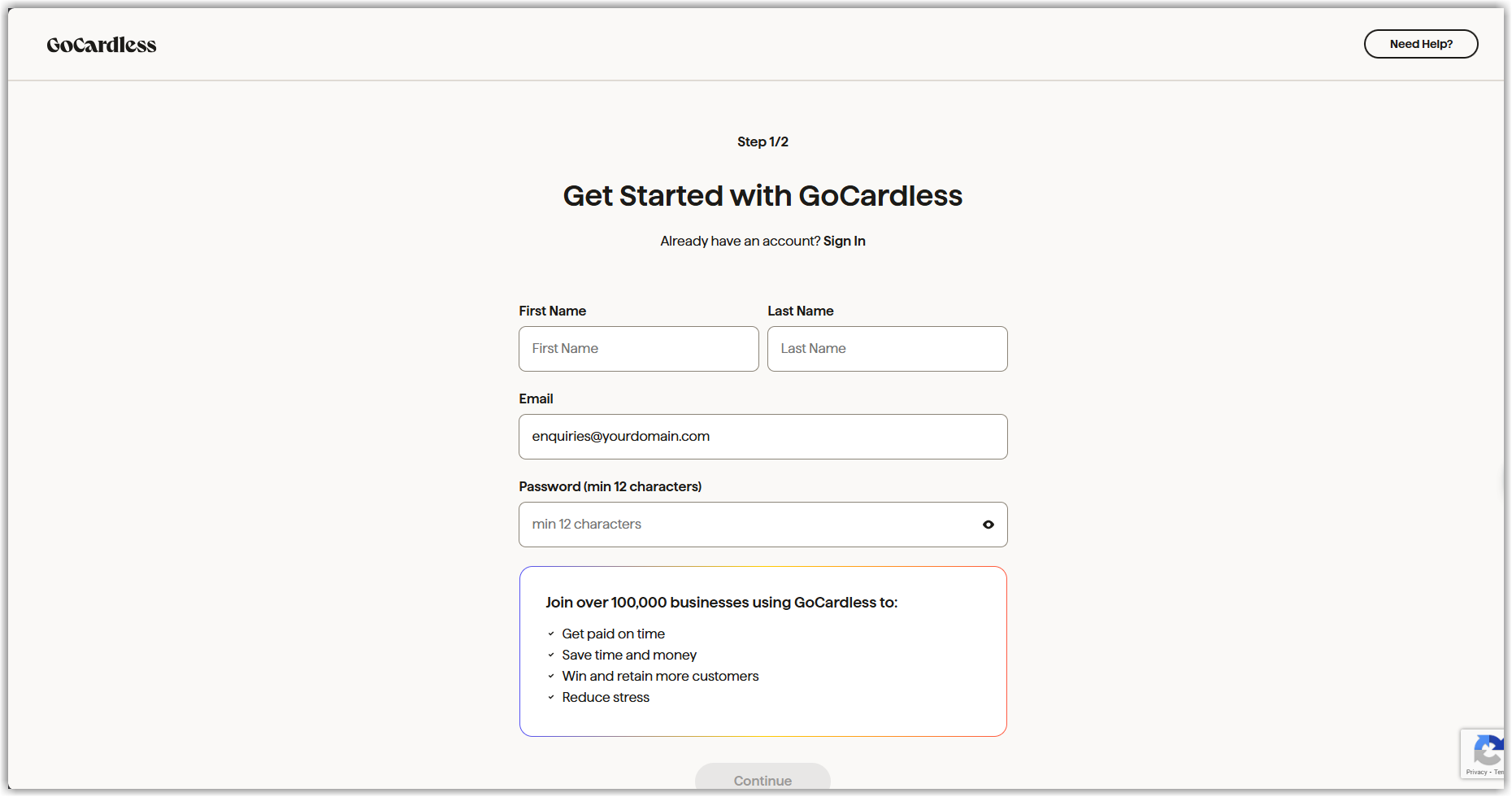 Screenshot of the GoCardless portal opened from RMS showing a login or authorisation screen where the user signs in with their GoCardless email and password and approves RMS access to their GoCardless account.