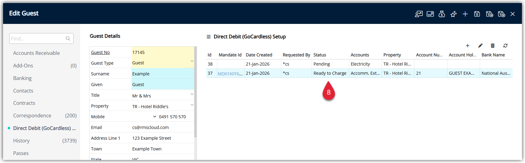 Guest Profile showing a Direct Debit mandate with status Ready to Charge.