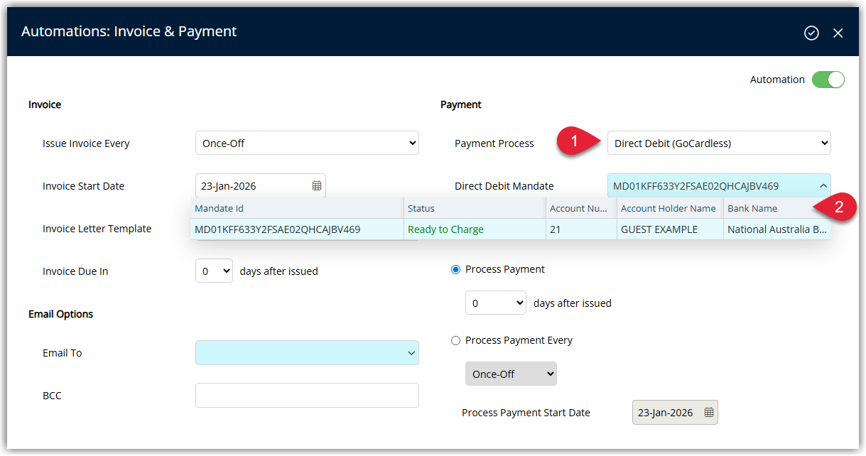 Automated Invoicing configuration screen with Direct Debit (GoCardless) selected as a payment method.