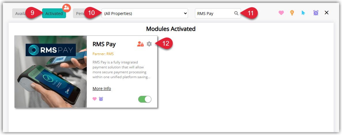 Module Market screen on the Activated tab listing enabled modules with a Property filter, search box and a configuration (cog) icon on each module used to open its setup screen