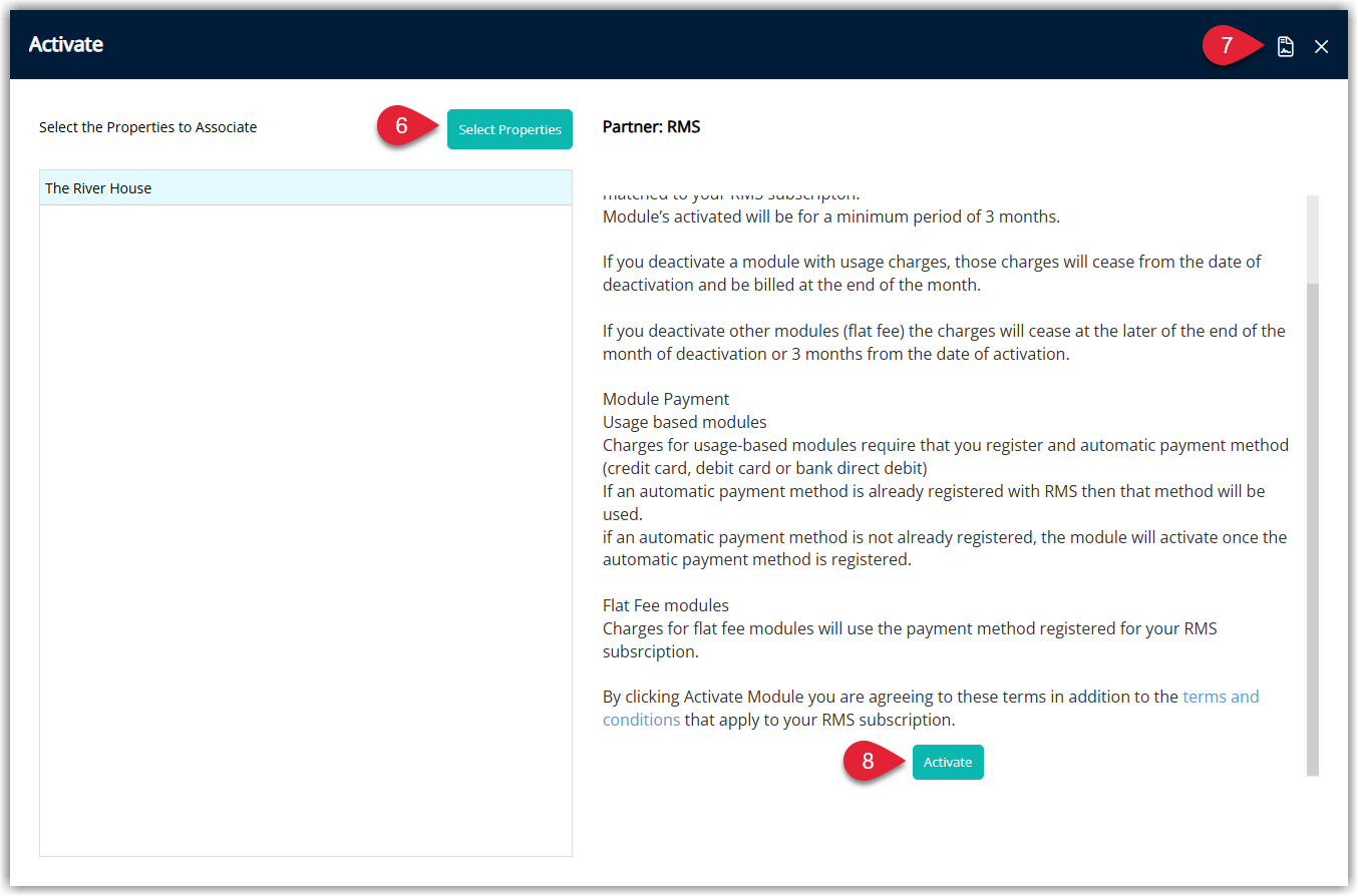 Module activation confirmation window displaying a list or selector for Properties, the module’s Terms & Conditions text and an Activate button at the bottom to confirm enabling the module