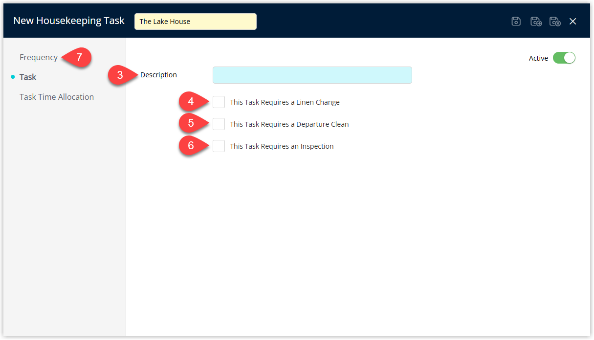 RMS Housekeeping Task setup window on the main Details tab showing a Task Description field and checkboxes for This Task Requires a Linen Change, This Task Requires a Departure Clean, and This Task Requires an Inspection before moving to the Frequency tab.