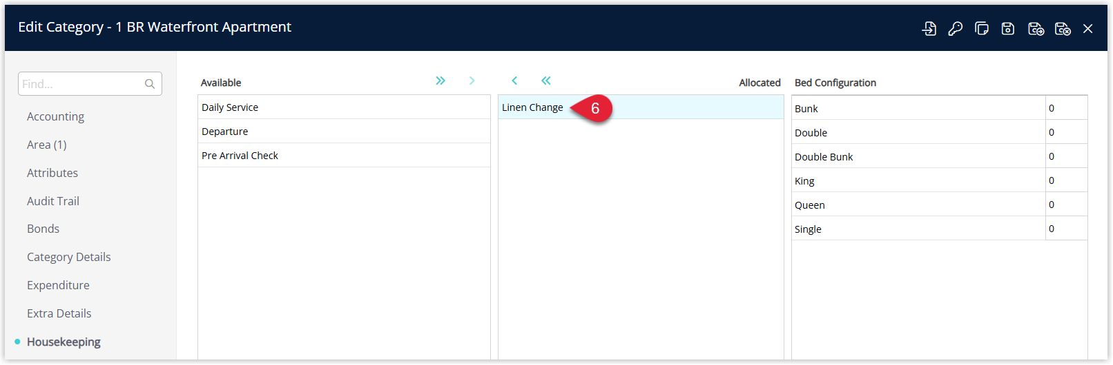 RMS Category or Area Housekeeping setup screen with the new housekeeping task’s Allocated checkbox ticked so it will be included in the automatic housekeeping schedule for that category or area.