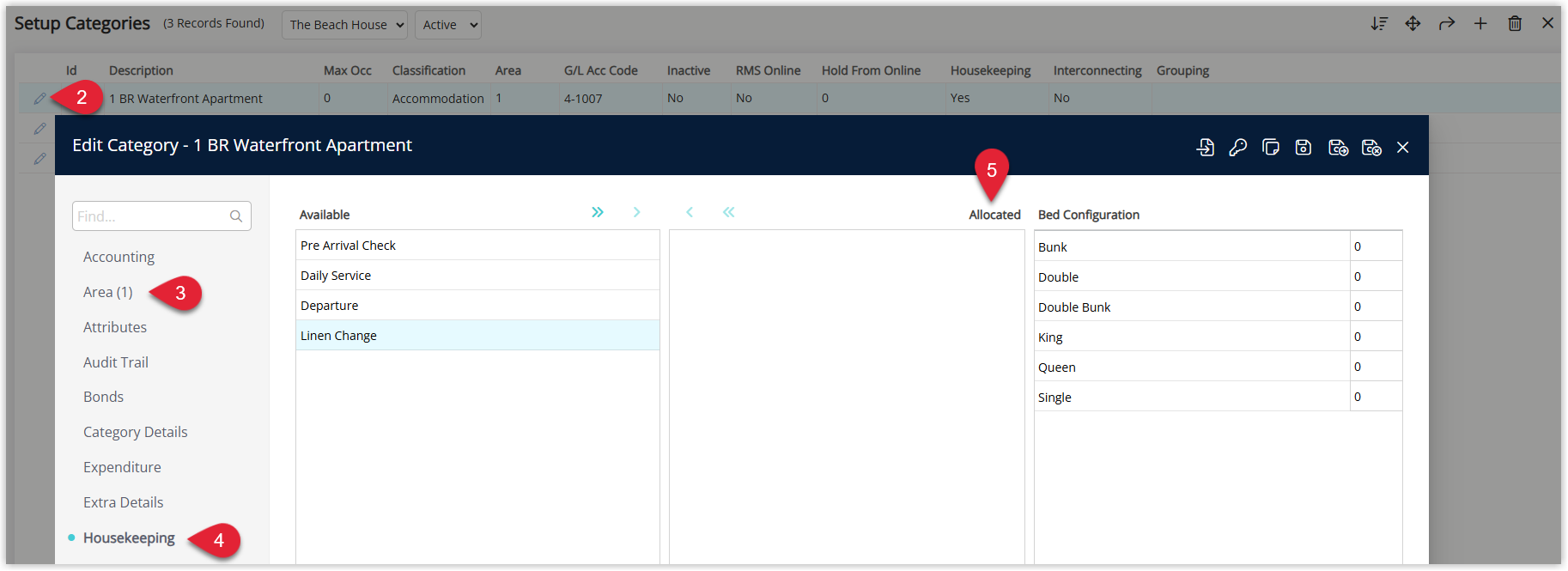 RMS Category or Area Housekeeping setup screen listing all housekeeping tasks with an Allocated column, showing which tasks are currently allocated to that category or area.