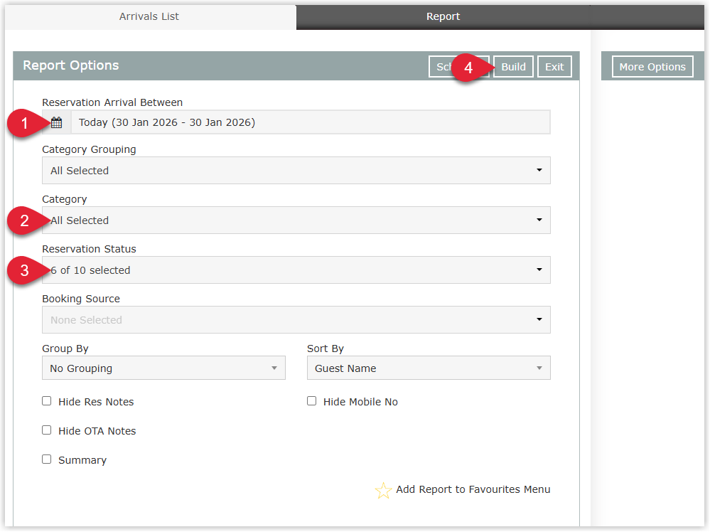 Screenshot of the Arrivals List build screen in RMS showing the date range, category, status, booking source, grouping, and build options.