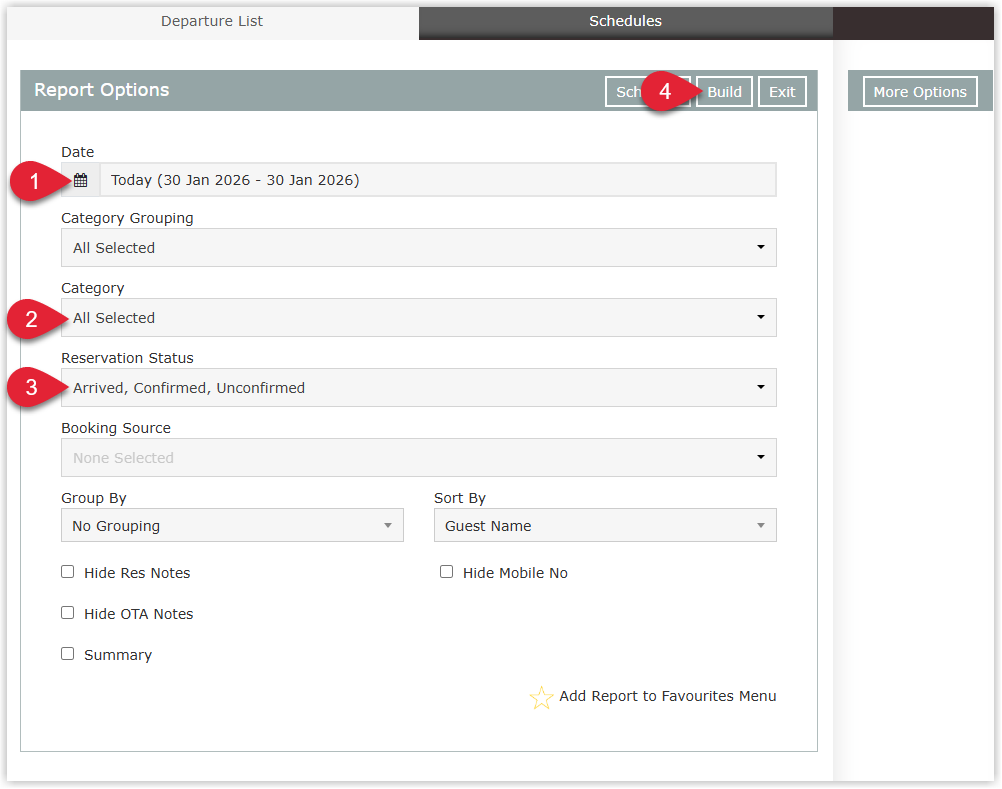 Screenshot of the Departure List report build screen in RMS showing fields for Date Range, Category Grouping, Categories, Reservation Status, optional Booking Source, Group By and Sort By options, Summary and More Options settings, with the Build button highlighted to generate the Departure List.