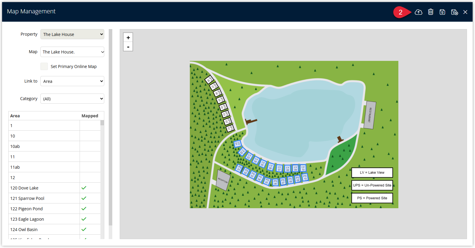 Map Management window in RMS showing an option to Upload a new Interactive Map image, with controls to browse and select a JPG file of the property map.