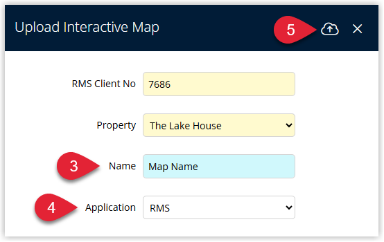 Interactive Map upload form in RMS with fields for Map name, an Application dropdown set to RMS, and an Upload button used to browse to and select the JPG map file.