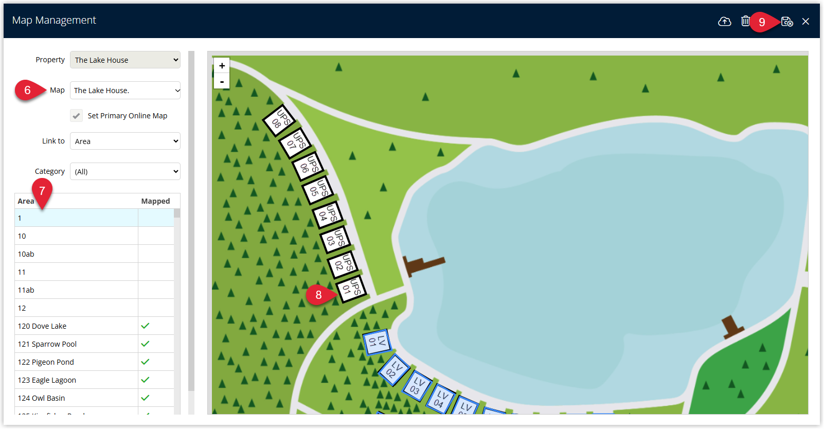 Interactive Map editor in RMS showing the uploaded property map image with a Map selected, dropdowns for Category and Area, and a polygon outline being drawn around an Area on the map, plus a Save/Exit button to save the linked Area outline.