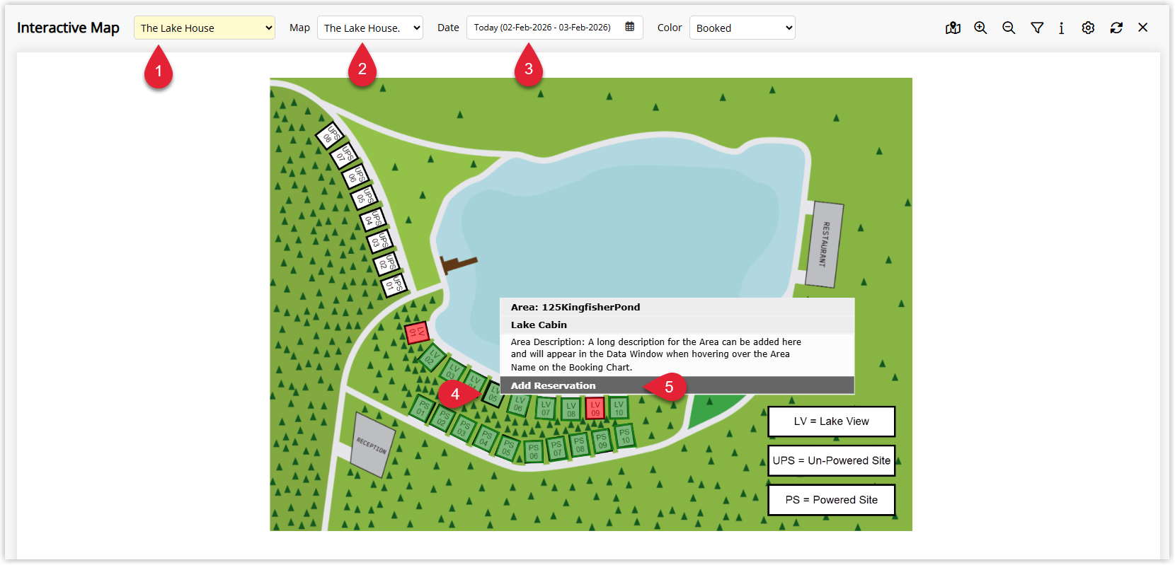 Interactive Map screen in RMS showing a property map with coloured areas indicating booking status, an available area clicked to open a small menu or popup with an Add Reservation option