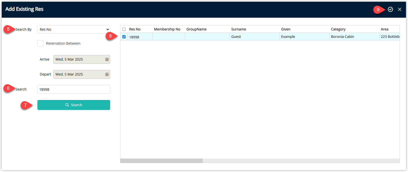 Annotated screenshot of the Add Existing Res dialog in RMS showing the search options and a reservation selected to merge into the master, with the confirm button highlighted