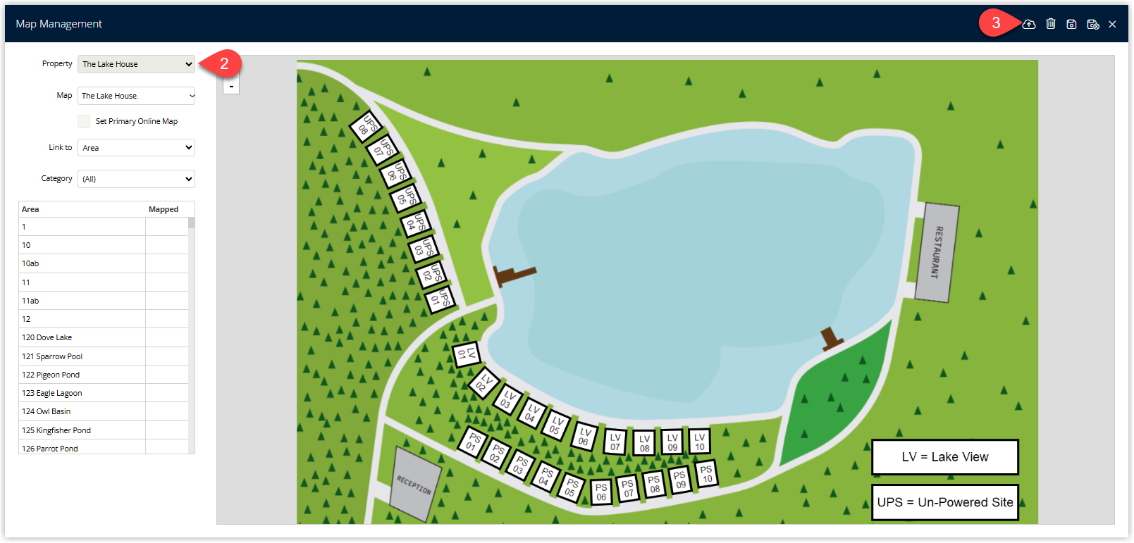 RMS Map Management window showing fields for Sub Map Name and Map Application with an Upload button to choose the map image file.