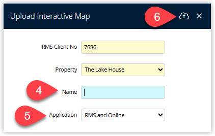 RMS Interactive Map upload dialog showing Sub Map Name entered, Map Application set to RMS, and an Upload button to select the JPG map file.