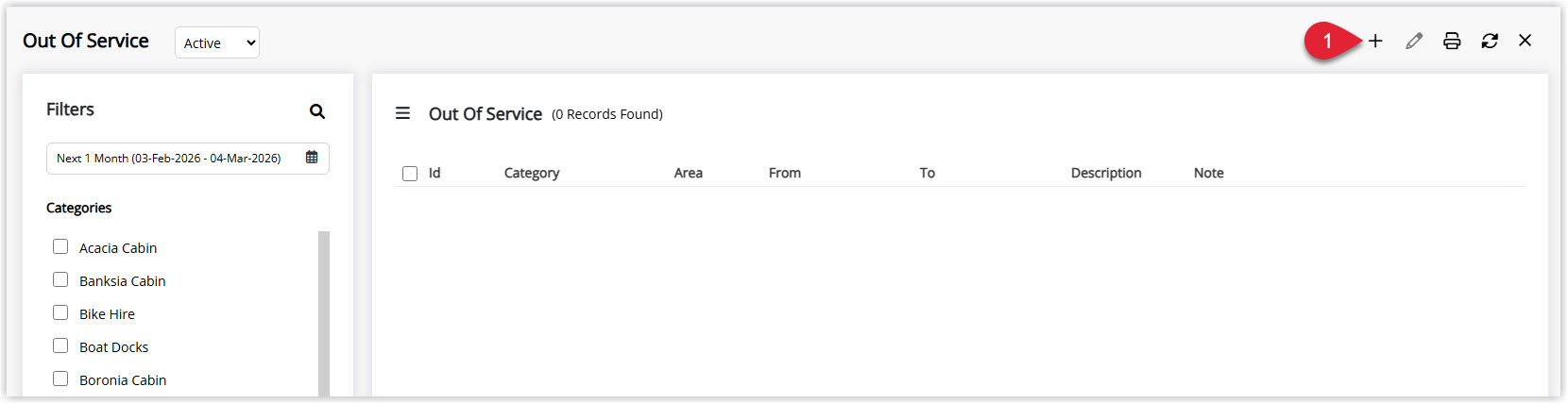 Screenshot of the Out of Service utility in RMS showing a list of existing Out of Service records and the Add button highlighted to create a new Out of Service block.