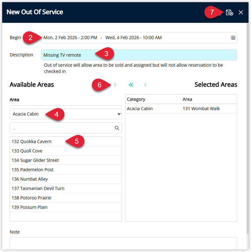 Screenshot of the Out of Service setup window in RMS showing fields for Date Range, Description, Category and Area, with the Allocate icon used to assign the area to the block and the Save/Exit button highlighted.