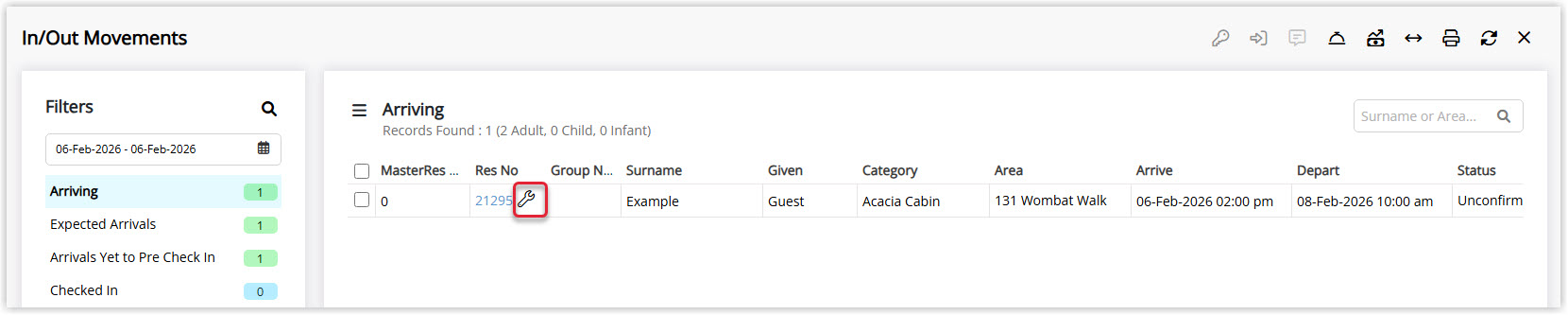 Screenshot of the In/Out Movements screen in RMS with a reservation row highlighted and an Out of Service warning icon displayed next to the Area, indicating that the area has an active Out of Service block.