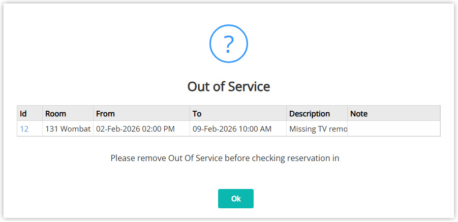 Screenshot of a warning message in RMS that appears when attempting to check in a reservation to an area that is marked Out of Service, informing the user that the area is affected and cannot be checked in without resolving the block.