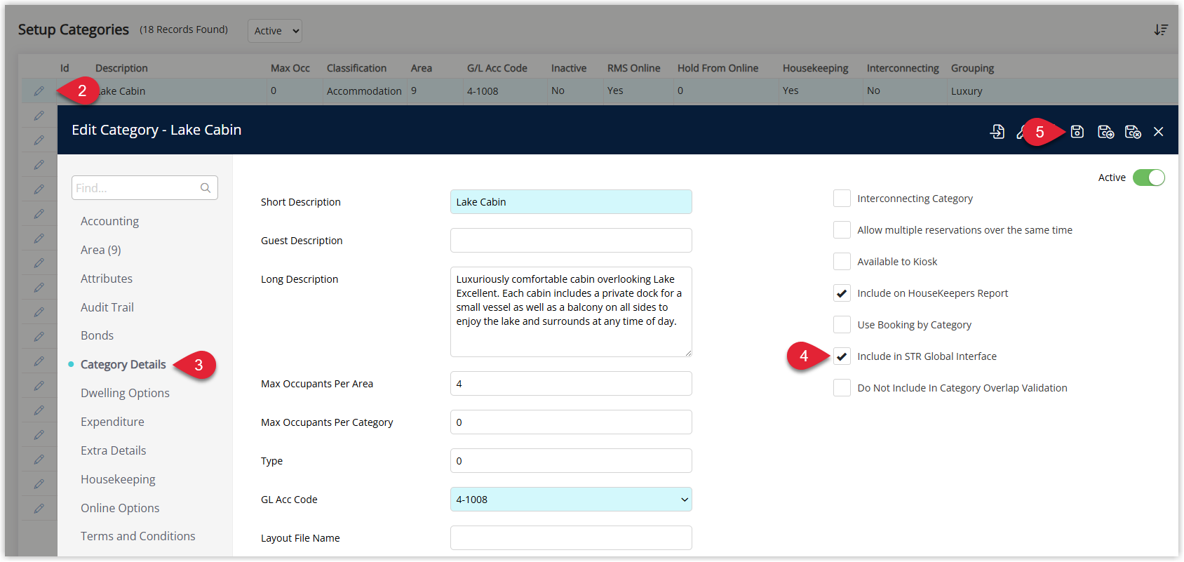 RMS Category setup window on the Category Details tab with the option Include in STR Global Interface ticked and the Save button selected so this category is included in STR exports.