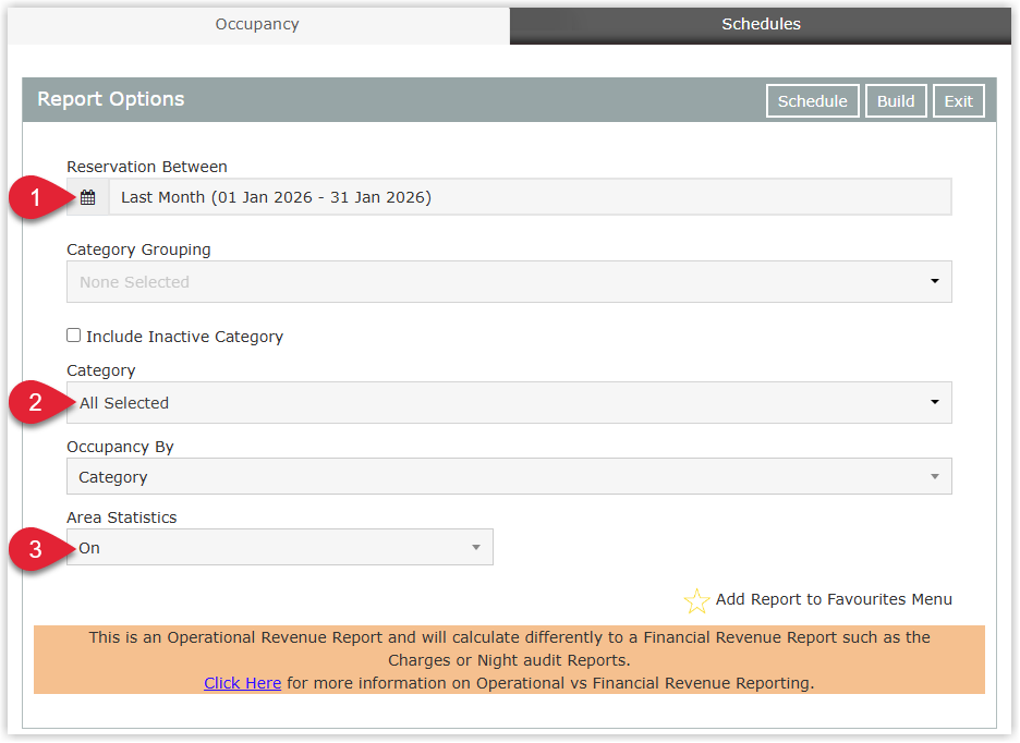 RMS Occupancy Report parameters screen showing Reservation Between set to a historical date range (for example, 1st January to 31st January), Category set to All, Occupancy by set to Category, and Area Stats turned on.