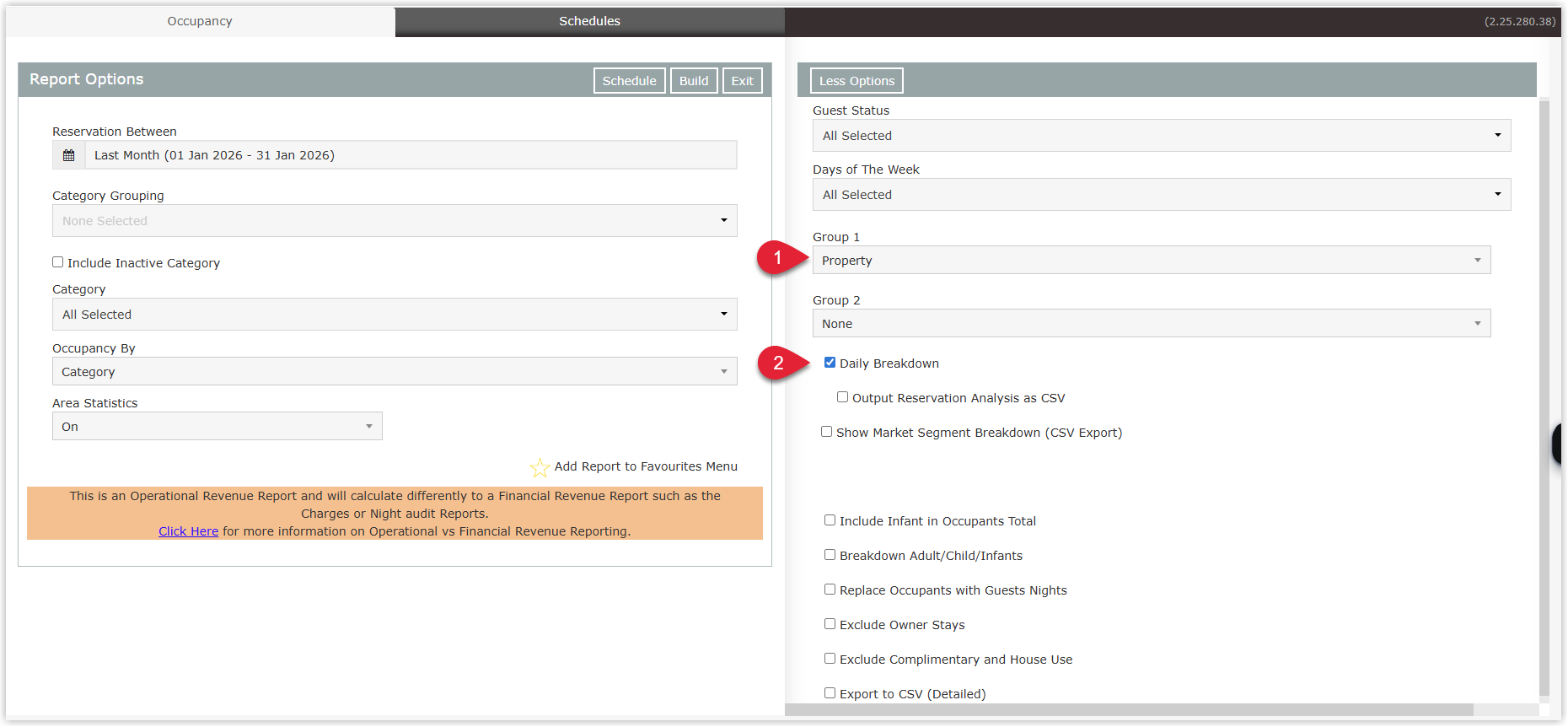RMS Occupancy Report More Options panel with Group 1 set to Property, Daily breakdown ticked, and all other grouping and filter options left unticked to match STR’s historical data requirements.