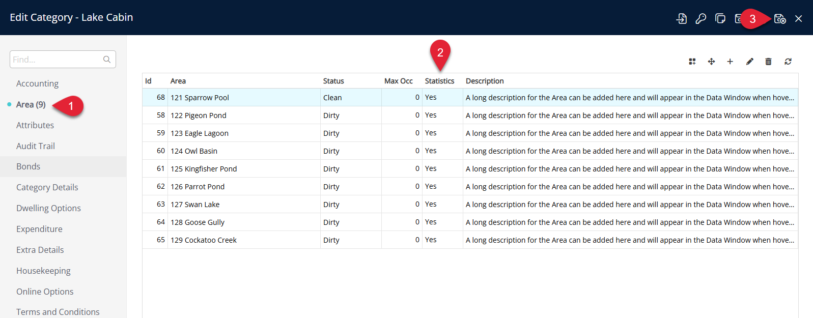 RMS Category/Area setup screen on the Area tab showing a list of areas with the Area Statistics column set to Yes for each area that should be reported to STR, and the Save/Exit button highlighted.