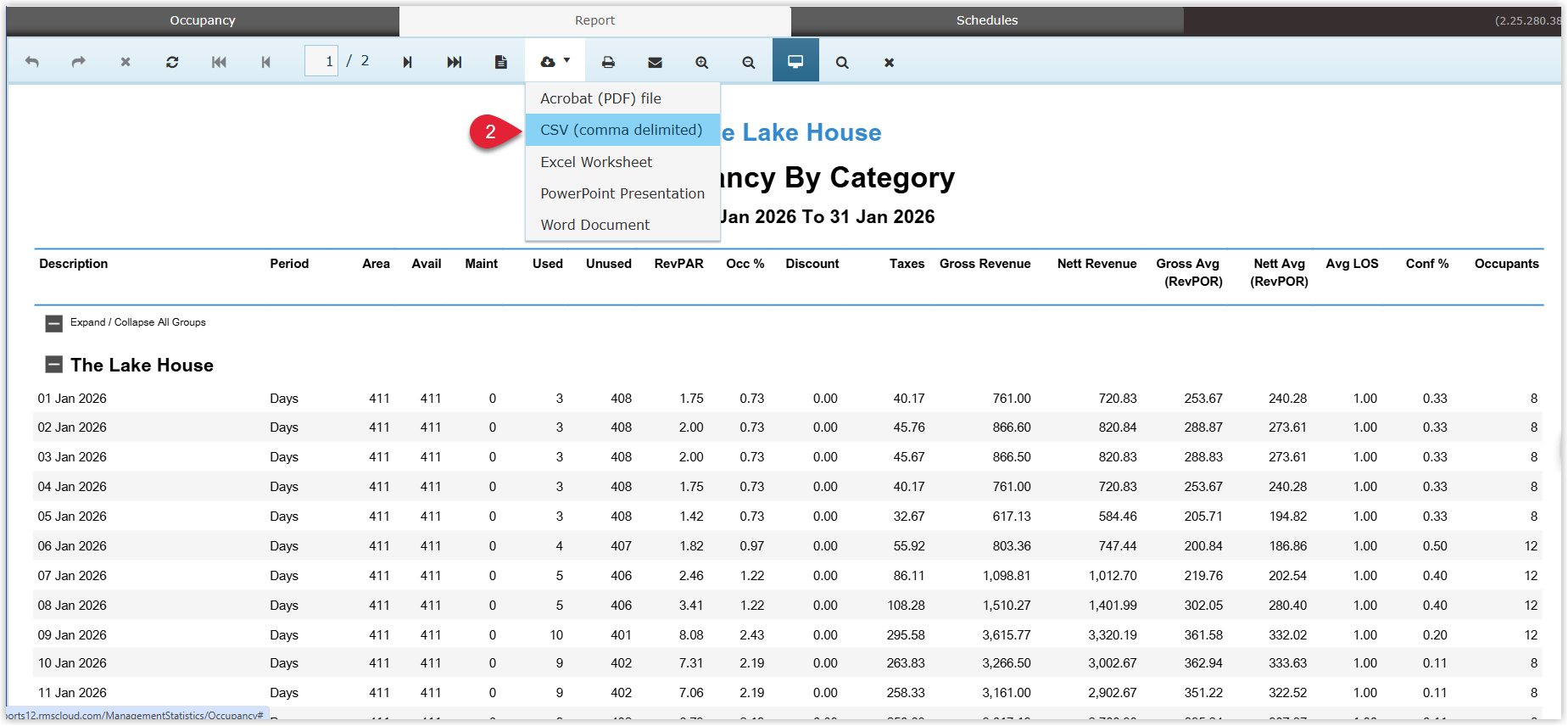 RMS Occupancy Report displayed on screen with the report toolbar open and the Export icon menu expanded, highlighting CSV as the selected export format.