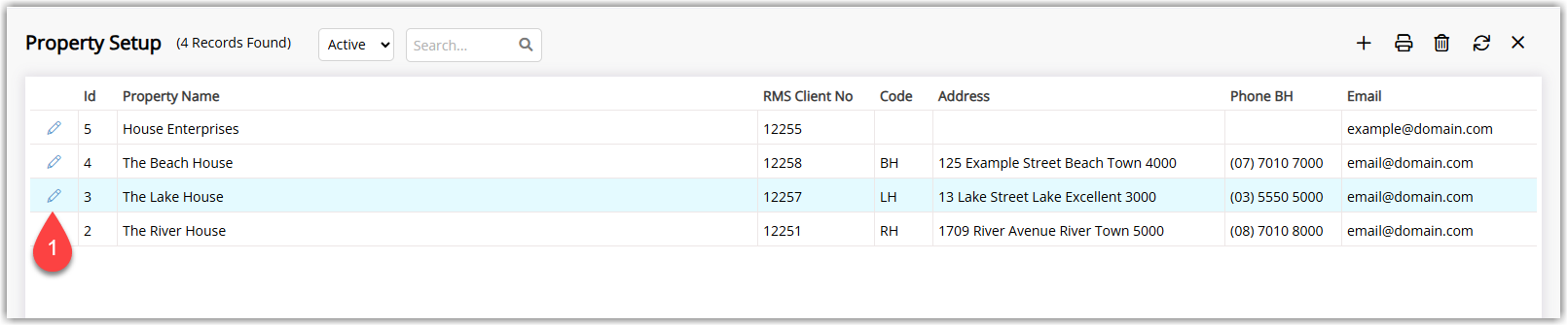 Property Information list in RMS with the Edit (pencil) icon highlighted for a property, showing where to click to open the property and enable Alternate Currency.
