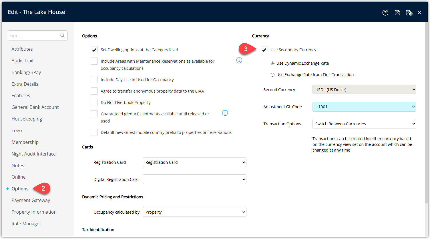 Property Options screen in RMS on the Options tab, showing the Use Secondary Currency checkbox that enables Alternate Currency for the property.