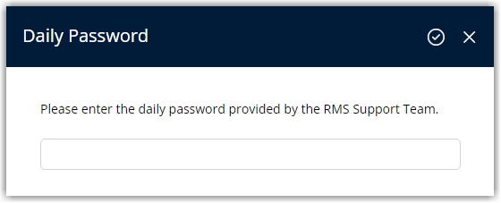 Daily Password prompt in RMS appearing after selecting Use Secondary Currency, where an authorised user enters the Daily Password to confirm property-wide changes.
