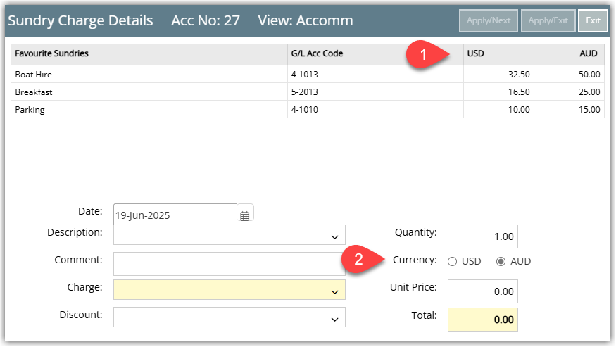 Reservation account in RMS displaying transactions with their individual currencies, for example a sundry charge in USD and another charge in AUD on the same account.