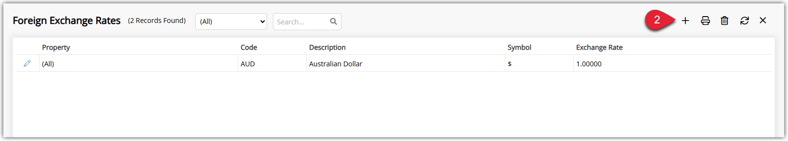 Foreign Exchange Rates screen in RMS with the Add (plus) button highlighted, showing where to click to create a new Foreign Exchange Rate record.