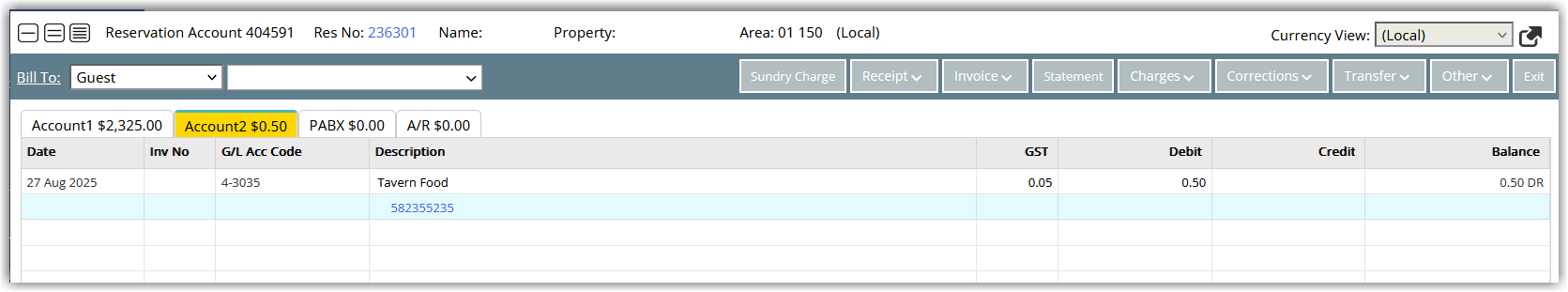 Example RMS account or transaction list showing POS charges imported from Epos Now, with line items using descriptions and amounts defined in the Front Office Mapping configuration.