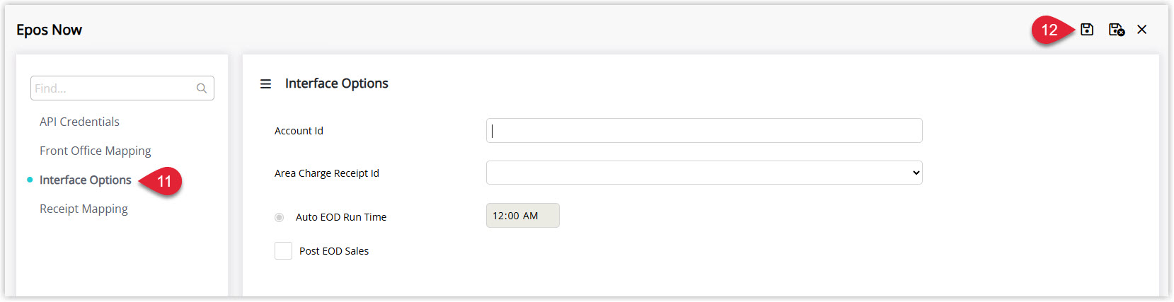 Epos Now Interface Options tab in RMS with fields for Account Id, Room Charge Receipt Id, POST EOD Sales toggle, and Auto EOD Run Time, with a Save button to confirm end-of-day posting settings.