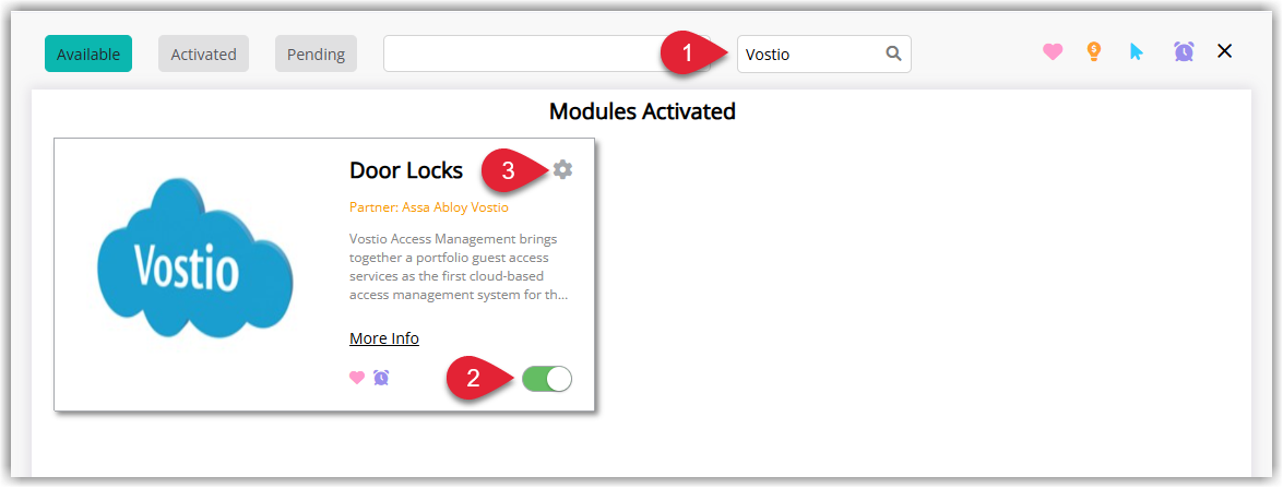 Screenshot of the Module Market in RMS showing the Assa Abloy Vostio module with the activation toggle enabled to turn on the integration.