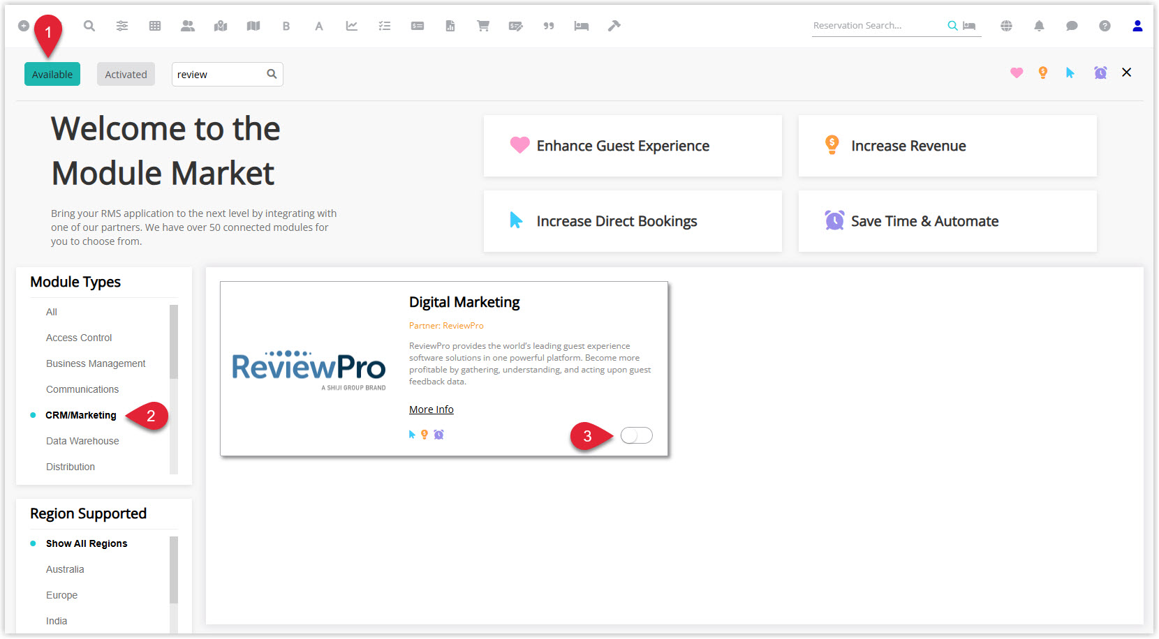 Annotated screenshot of the Module Market screen in RMS highlighting the Module Market icon, the CRM/Marketing category and the ReviewPro Digital Marketing module